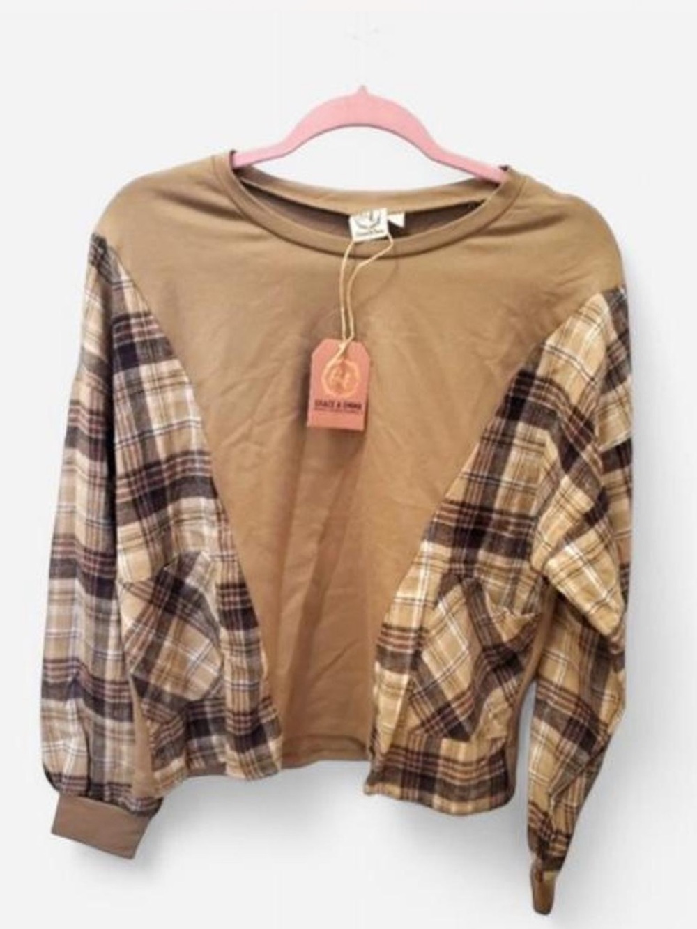 Emma and Grace Tan Plaid Sleeve Pullover Sweatshirt